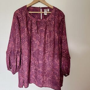 Dolan | Anthropologie Burgundy Snakeskin Long Poet Sleeve Keyhole Blouse Top 2X